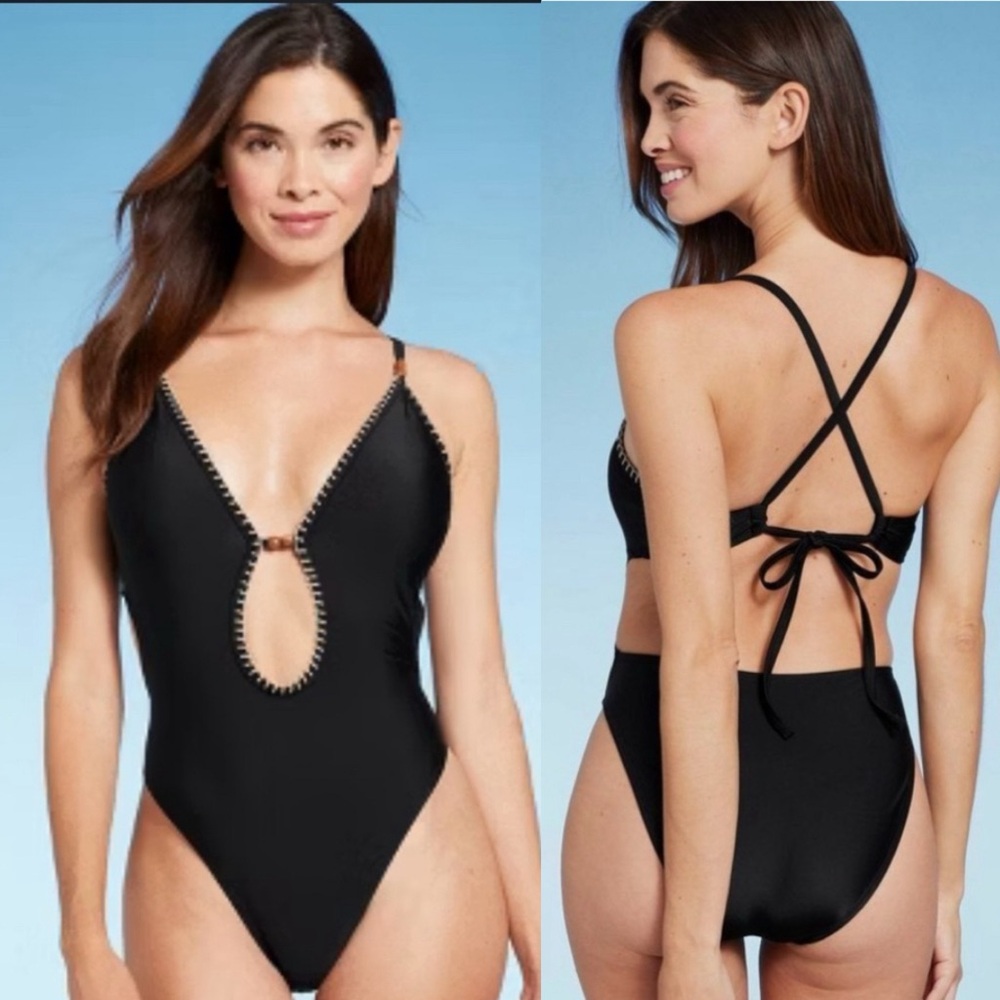 NWT Shade & Shore Plunge Bead Detail Extra High Leg One Piece Black Swimsuit